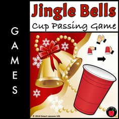 an image of a cup passing game with bells and snowflakes on the background