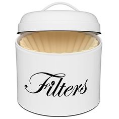 a white canister with the word filters written on it and a black lettering underneath