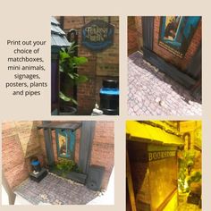 four different pictures of the outside of a building with brick walls and doors that say, print out your choice of matchboxes, mini animals, signage, flowers, posters, plants and pipes