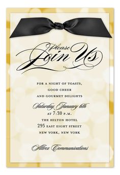 an elegant black and white wedding card with a bow on the front, in gold foil