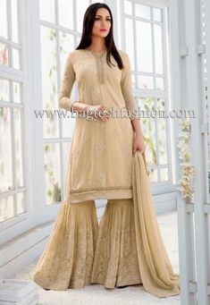 Wedding wear designer beige georgette with embroidery work sharara suits embellished with resham, zari, stone, sequins and patch border work. Comes with matching bottom as sharara/gharara and georgette dupatta. Beige Sharara, Salwar Kameez Designs