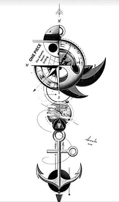 an anchor and compass are depicted in this black and white tattoo art design by person