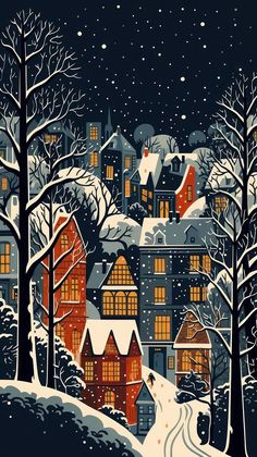 Christmas old town snow night outdoors drawing nature.  | premium image by rawpixel.com / Rob Christmas Town Drawing, Outdoors Drawing, Christmas Scene Drawing, Christmas Architecture, Town Drawing, Snow Night, Drawing Nature, Bare Tree