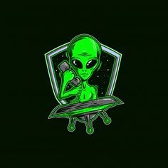 an alien holding a knife and looking at the camera in front of a green shield