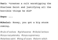 the text is written in black and white on a piece of paper that says, yori creates cult worshiping the starless saint and justifying all the horrible things he did