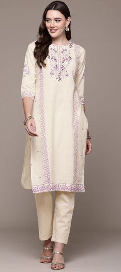 White and Off White color Salwar Kameez in Cotton fabric with Printed, Resham, Thread work Cream Kurta With Printed Motifs For Wedding, Cream Cotton Kurta With Embroidered Border, Off White Cotton Salwar Kameez With Printed Motifs, Cotton Salwar Kameez In Off White With Printed Motifs, White Straight Kurta With Printed Motifs, White Traditional Wear With Printed Motifs For Spring, White Printed Kurta For Diwali, Spring White Salwar Kameez With Printed Motifs, White Salwar Kameez With Printed Motifs For Spring