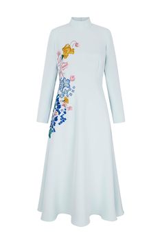 Eloise Embroidered Dress | Suzannah London Suzannah London, Pure Silk Dress, Placement Embroidery, Daily Clothes, London Dress, Vintage Couture, Dressy Dresses, Dinner Dress, Icy Blue