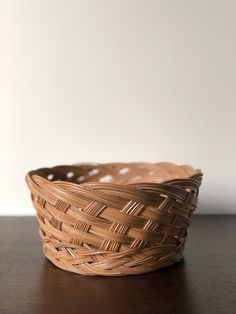 a wicker basket sitting on top of a wooden table