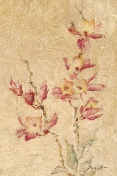 a painting of pink flowers in a vase on a beige background with watercolors