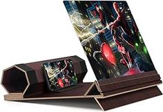 an open book with spiderman artwork on the front and back cover, sitting on top of a wooden stand