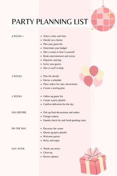 a pink party planning list with balloons and gifts