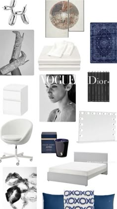 a collage of white and blue decor items