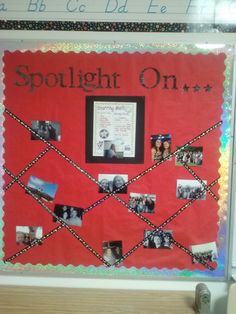 a bulletin board with pictures on it and the words spotlight on written in black letters