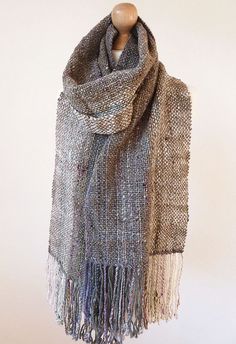 "I hand wove this scarf using luxury handspun and handdyed yarn made from natural fibres (handspun natural oatmeal BFL wool & silk (weft) and handspun Merino wool, silk, Falkland wool, tencel, cotton and some natural grey commercial Merino/camel yarn (warp) ). It is next to skin soft and extra wide. So nice and warm even really cold winter weather. measurements: approx. 197 x 26 cm / 77.5\" x 10\" (without fringe) and 225cm/ 881/2\" long (with fringe) materials: BFL, Falkland & Merino wool, silk Hand Woven Scarf, Handdyed Yarn, Woven Scarf, Handwoven Scarf, Woven Scarves, Weaving Textiles, Handspun Yarn, Scarf Shawl, Scarf Wrap