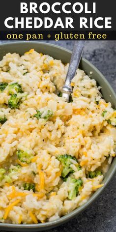 broccoli cheddar rice in a green bowl with text overlay that reads, one pan and gluten free