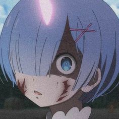 an anime character with blue hair and big eyes looks at the camera while staring into the distance