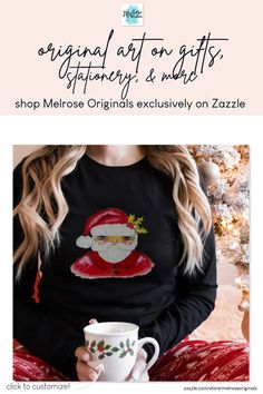 girl wearing long sleeved black tshirt with a hand painted classic santa design Red And White Suit, Watercolor Santa, Holly Leaves And Berries, Watercolor And Acrylic, Whimsical Watercolor, White Suit, Holly Leaves, Holly Leaf, Holiday Colors