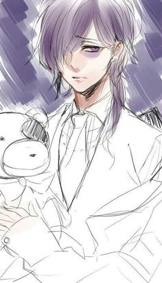 an anime character with long hair holding a stuffed animal in his arms and looking at the camera