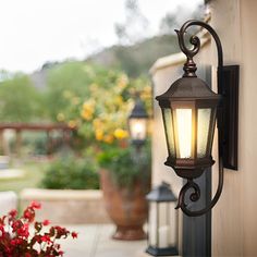 a lamp on the side of a house next to a potted plant and flowers