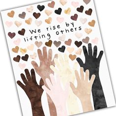 we rise by lifting others up in the air with hearts coming out of their hands