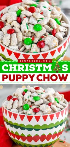 This easy holiday treat is a spin on Muddy Buddies! Made with chex cereal, M&Ms, sprinkles, and more, this Christmas puppy chow recipe is fun and festive. No one will be able to resist this Christmas snack! Holiday Puppy Chow, Christmas Puppy Chow, Puppy Chow Ingredients, Santa Chocolate, Christmas Snack Mix, Puppy Chow Christmas, Reindeer Chow, Chex Mix Christmas, Chex Mix Puppy Chow