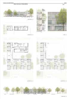 four diagrams showing the various sections of a building with trees in it and other buildings