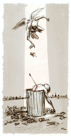 a drawing of a bird flying over a trash can with another bird in the background