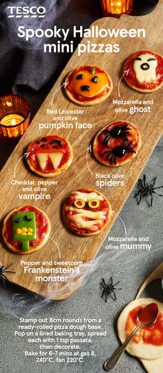 halloween mini pizzas on a wooden board with text describing the different toppings and ingredients