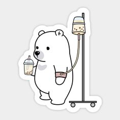 a polar bear holding a baby bottle next to a lamp sticker on a white background