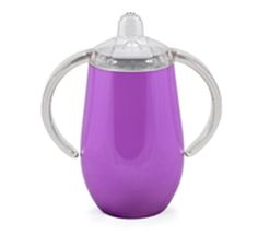 a purple cup with a clear lid and handle on the top is sitting in front of a white background