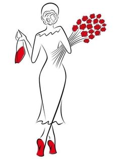 a drawing of a woman with flowers in her hand and red shoes on the ground