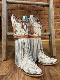 Corral Women's Fringed White Hair-On Hide Cowgirl Boots C4081 | Painted Cowgirl Western Store Vamp Hair, Cute Harness, Cowgirl Outfit, Bota Country, Diy Clothes And Shoes, Corral Boots, Western Store, Cowgirl Western, Stylish Boots