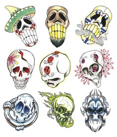 a bunch of skulls with different designs on them