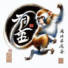 a monkey with chinese writing on it's back and its tail in the air