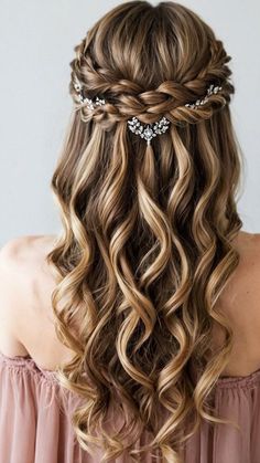 Boho Bride Hair Accessories, Fancy Updos For Long Hair Prom, Hairstyles With Headpiece, Curly Braid Hairstyles, Braid Hairstyles For Wedding, Bride Hairdo, Curly Braid, Hairstyle Reference, Hairstyles Formal