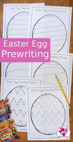 an easter egg pre writing activity with colored pencils and crayons on the table