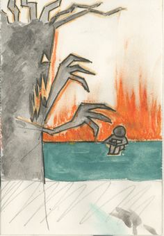 a drawing of a person standing in front of a tree with fire coming from it