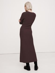 This figure-hugging dress is knitted using our Sculpted high-stretch yarn, used here with a ribbed stitch for a contouring effect that lays smooth against the skin.  Here, we opted for the season's asymmetrical slash neck, juxtaposed against an always-in-style fit-and-flare silhouette.  Fit and flare.  Sustainability: Made with LENZING™ ECOVERO™, a breathable fiber derived from certified renewable wood sources, produced using methods that reduce water impact and emissions by up to 50% compared t Plum Purple, Fit And Flare, Banana Republic, Sustainability, Midi Dress, Yarn, Skin, Purple, Wood