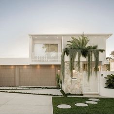 a modern house with palm trees in the front yard