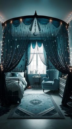 a bed room with a neatly made bed next to a large window covered in lights