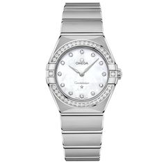 From the Omega Constellation Collection, this elegant timepiece is characterized by the line's famous "Griffes", or claws, on the 28mm stainless steel case and stainless steel bracelet. Diamond hour markers, luminescent hands, the OMEGA logo, and the iconic Constellation star decorate the watch's mother-of-pearl dial and are protected behind domed scratch-resistant sapphire crystal with anti-reflective treatment on both sides. The fixed bezel adds a luxurious element to the design of the watch w Omega Constellation Ladies, Omega Ladies, Omega Aqua Terra, Omega Constellation, Diamond Quartz, Unique Bracelets, Bezel Diamond, Omega Seamaster, Stainless Steel Watch