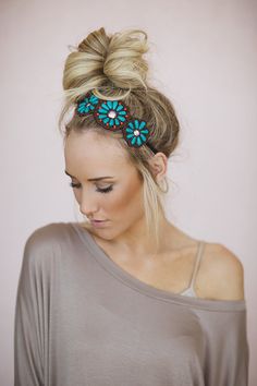 Beaded Floral Headpiece, Bohemian Seed Bead Applique Headband, Flower Hairband with Turquoise Beading and Elastic (HB-185) on Etsy, $28.00 Elegance Hair, Floral Headpiece, Boho Hairstyles, Elegant Hairstyles, Headband Hairstyles, Pretty Hairstyles, Hair Band, Seed Bead