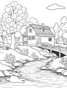 a house in the woods near a river with a bridge and trees on either side