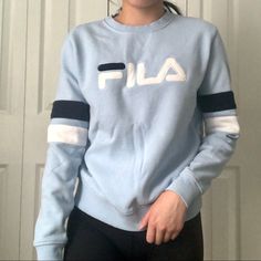 - Soft Brushed Inside - Crewneck Silhouette - True To Size - Model Is A Size Xs/0-2 - Perfect Condition - Never Worn Measurements Upon Request Light Blue Athleisure Tops For Fall, Blue Athleisure Tops With Ribbed Cuffs, Trendy Blue Tops With Ribbed Cuffs, Sporty Light Blue Tops With Ribbed Cuffs, Light Blue Sporty Sweatshirt For Streetwear, Fila Tracksuit, Fila Clothes, Fila Outfit, Blue Moisture-wicking Sweatshirt For Sportswear