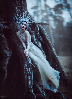 a woman sitting on top of a tree in the woods wearing a white dress and crown