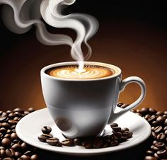 a cup of coffee with steam rising out of it on a saucer surrounded by coffee beans