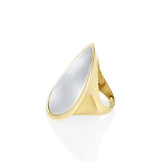 The ultimate cool-girl statement ring, this design is bold and futuristic. This ring embraces a two tone moment with the white gold satin finish shell against the high-shine yellow gold. This ring offers more finger coverage than the Medium Kelly Statement Ring. Modern White Dome Ring, Modern Pearl Open Ring With Polished Finish, Modern White Dome Ring For Anniversary, Modern White Oval Signet Ring, Elegant White Signet Ring With Polished Finish, Modern White Open Signet Ring, Modern White Pearl Ring With Polished Finish, Modern White Gold Pearl Ring With Polished Finish, Marrow Fine