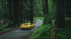 a yellow sports car driving down a forest road