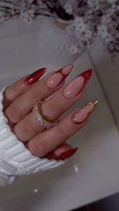 Scorpio French Tip Nails, Cherry Almond Nails Designs, Feb Birthday Nails, Almond Nails Designs November, Fall Nails Stiletto Almond, Fall Gel X Nails Almond, Red Gel X Nails Almond, Gel X Winter Nails, Elegant Burgundy Nails