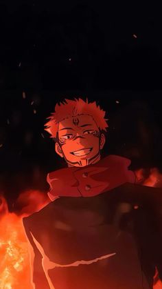 an anime character standing in front of a fire with his head turned to the side